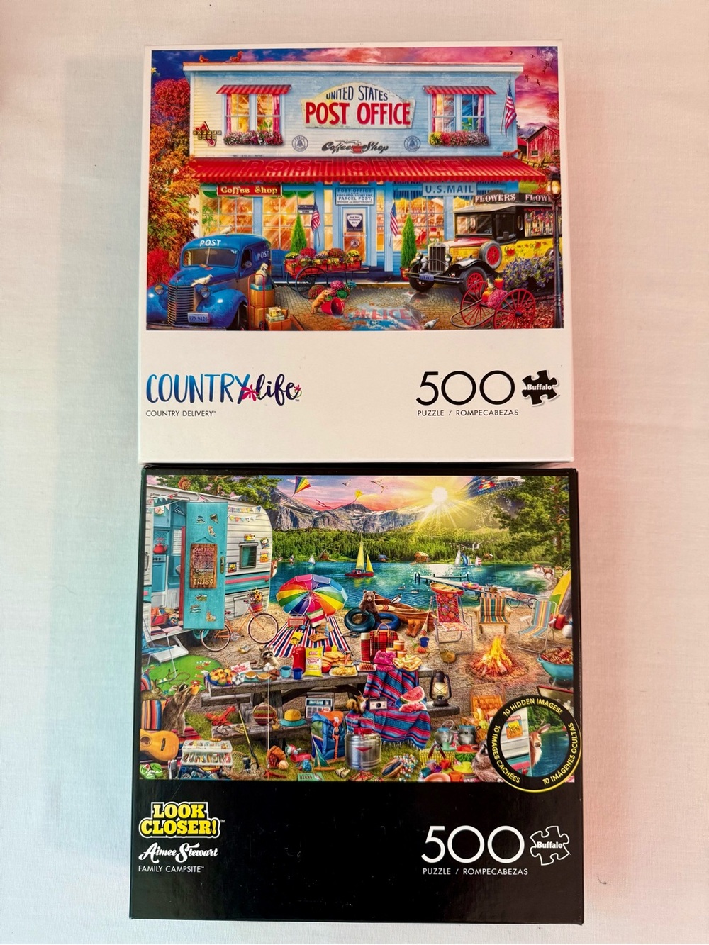 Lot of 2 500-Piece Buffalo Jigsaw Puzzle - Colorful Post Office & Camping Scene